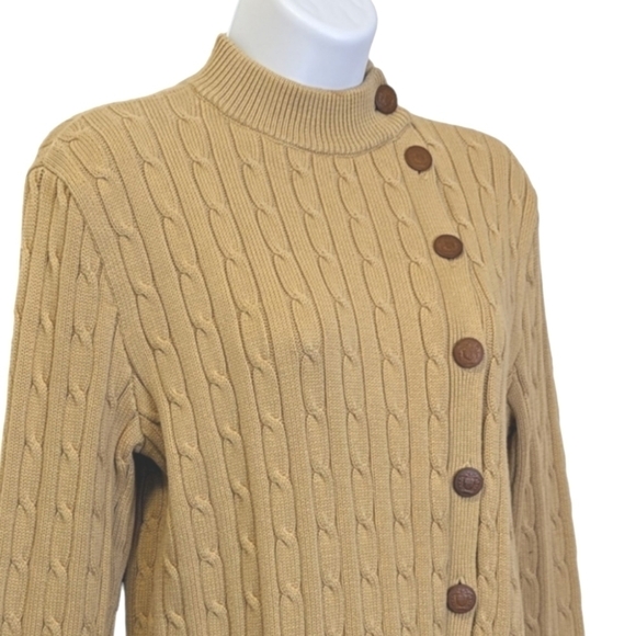 Lauren Ralph Lauren 100% Cotton Cable Knit Sweater Off Center Buttons Camel P/L - Picture 3 of 10